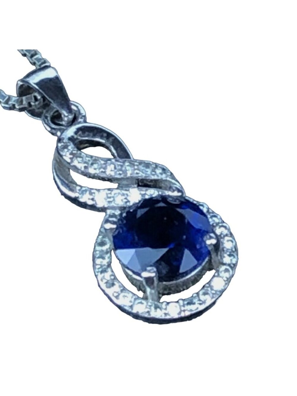 Sterling Silver 925 Dark Blue Pendant & Crystals on 18" Box Chain Necklace